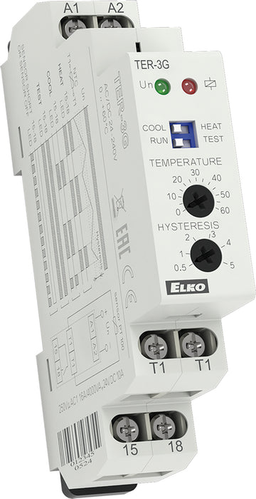 TER-3G - Termosztát, 0.. +60 C, állítható hiszterézis, Pt100!