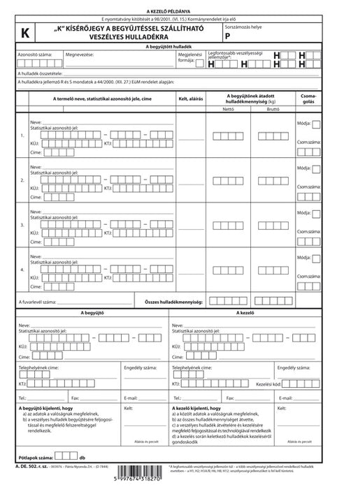 Veszélyes hulladék K kísérőjegy A/4 2lapos álló  A.DE.502